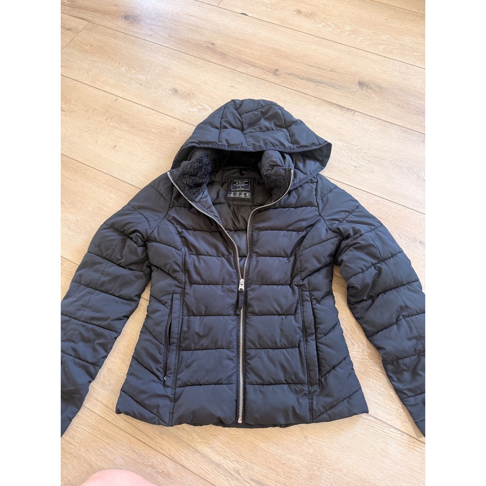 Abercrombie & Fitch Puffer Jacket Women Size S Black Hooded Faux Fur Trim 358